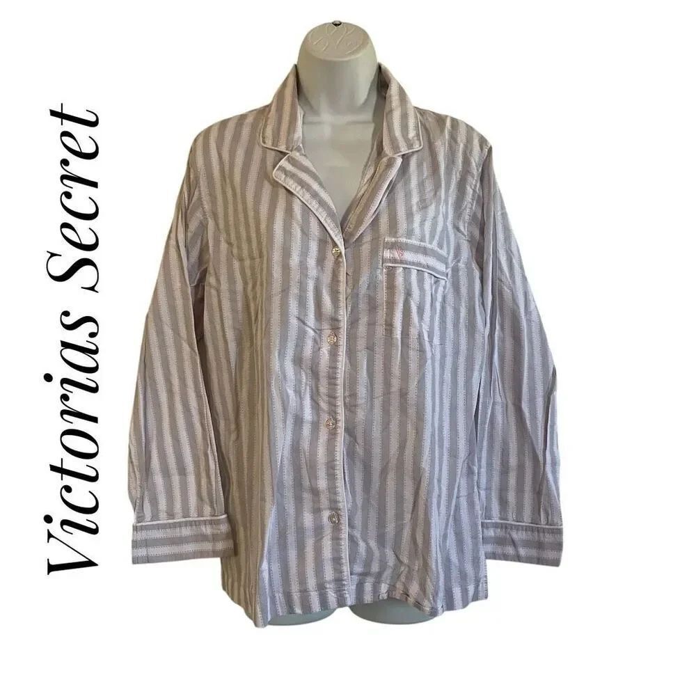 Victorias Secret Medium Long Sleeve Button Up Pajama Top Grey Pink